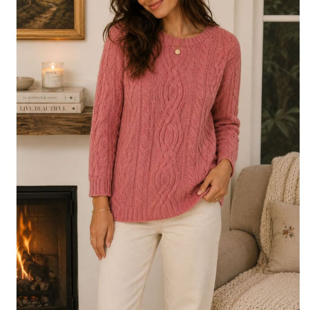 Aran Crafts Pink Irish Cable Knit Sweater Tunic Oversized Merino Wool Blend M